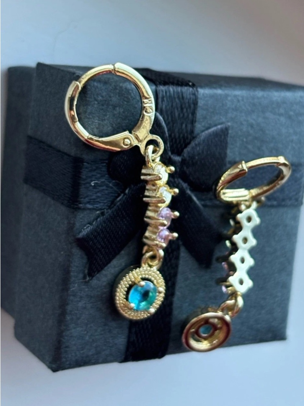 Gold Plated Multicolor Gemstone Drop Earrings Dainty Dangle Huggie Hoops Pastel - Picture 5 of 9